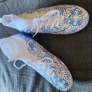 White and Blue Patterned Athletic Shoes